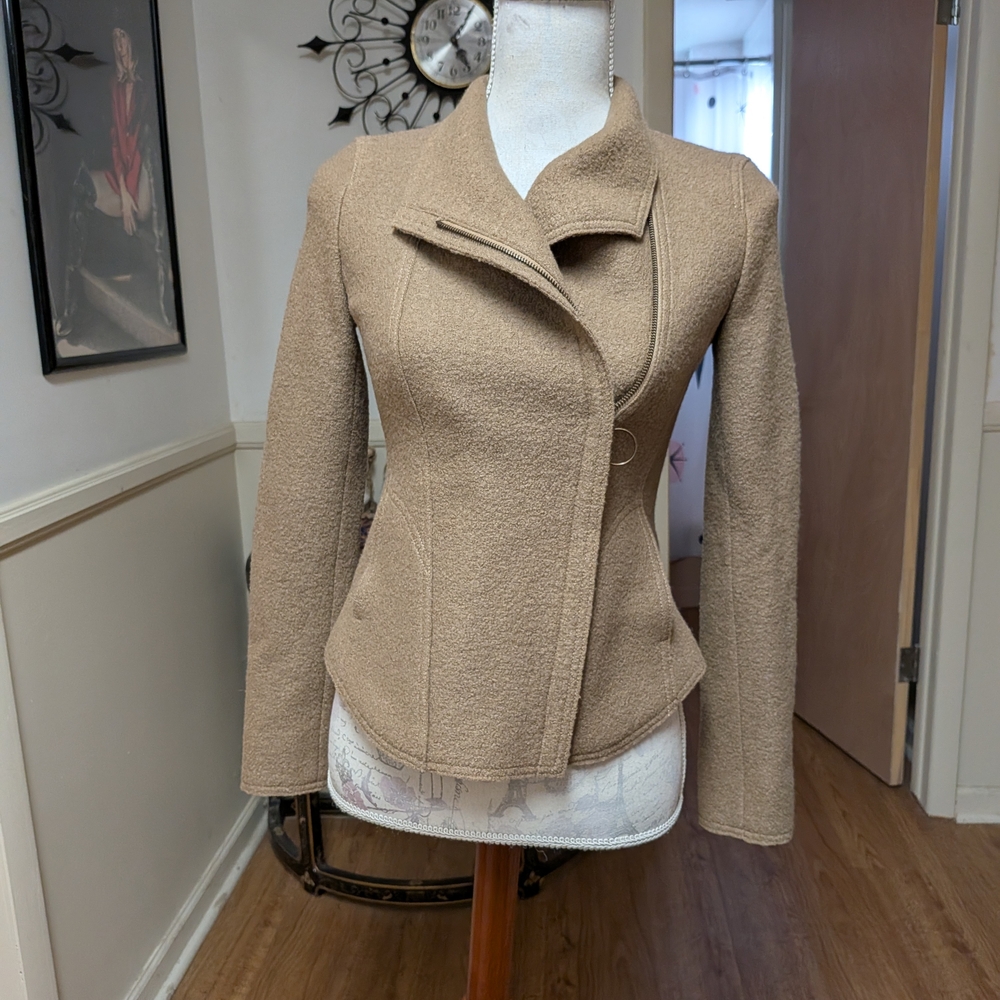 Akris Punto Tan Moto Jacket. Boiled Wool Tailored. Sz 2